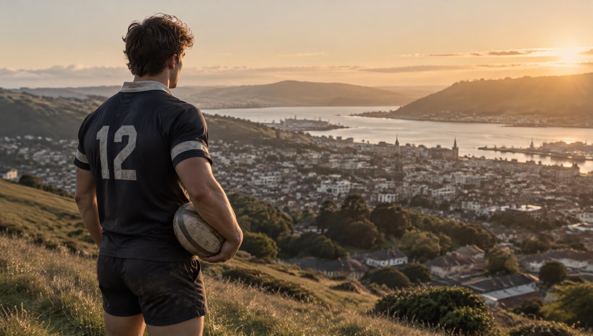 Jugador de rugby mirando la ciudad de Dunedin, Nueva Zelanda